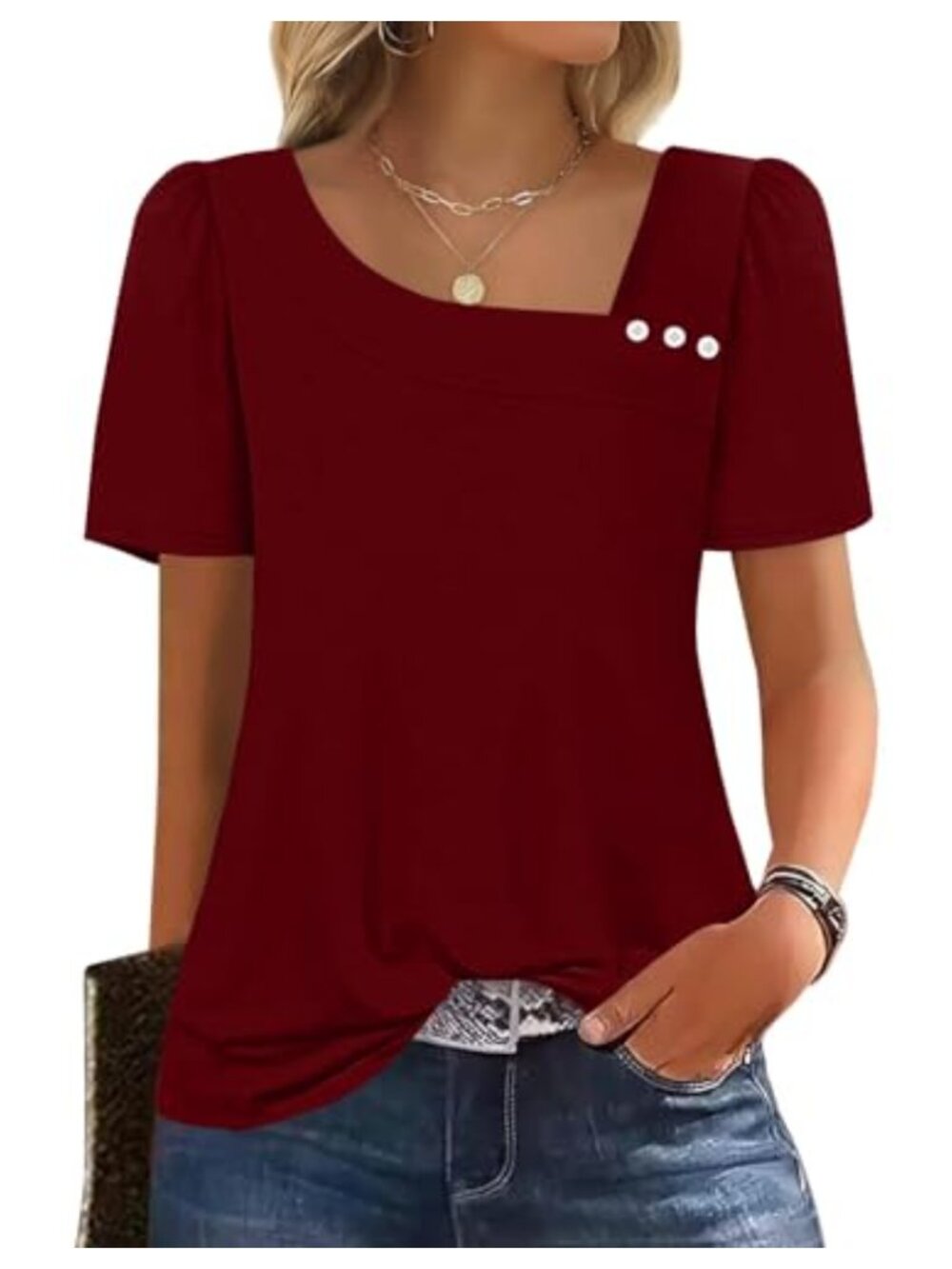 Womens Square Neck Puff Sleeve T-Shirt Loose Fit Summer Top